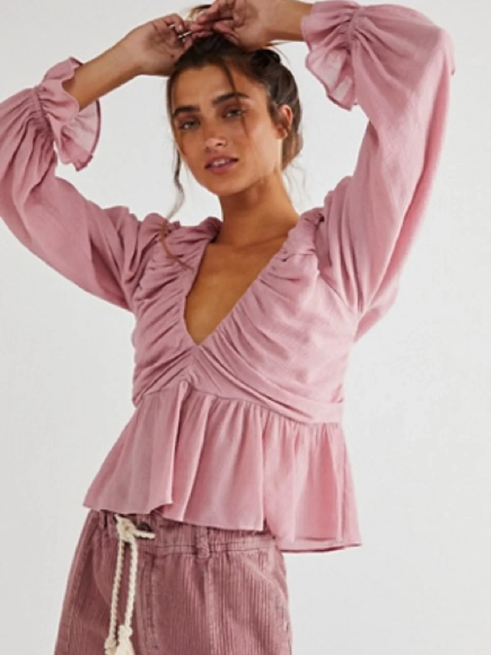 Womens free people daia Pink V-Neck Ruffle Peplum Blouse